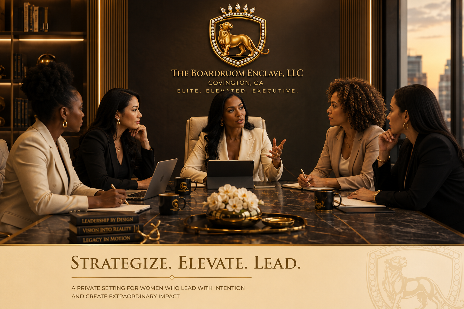 An elevated, refined executive setting within The BoardRoom Enclave