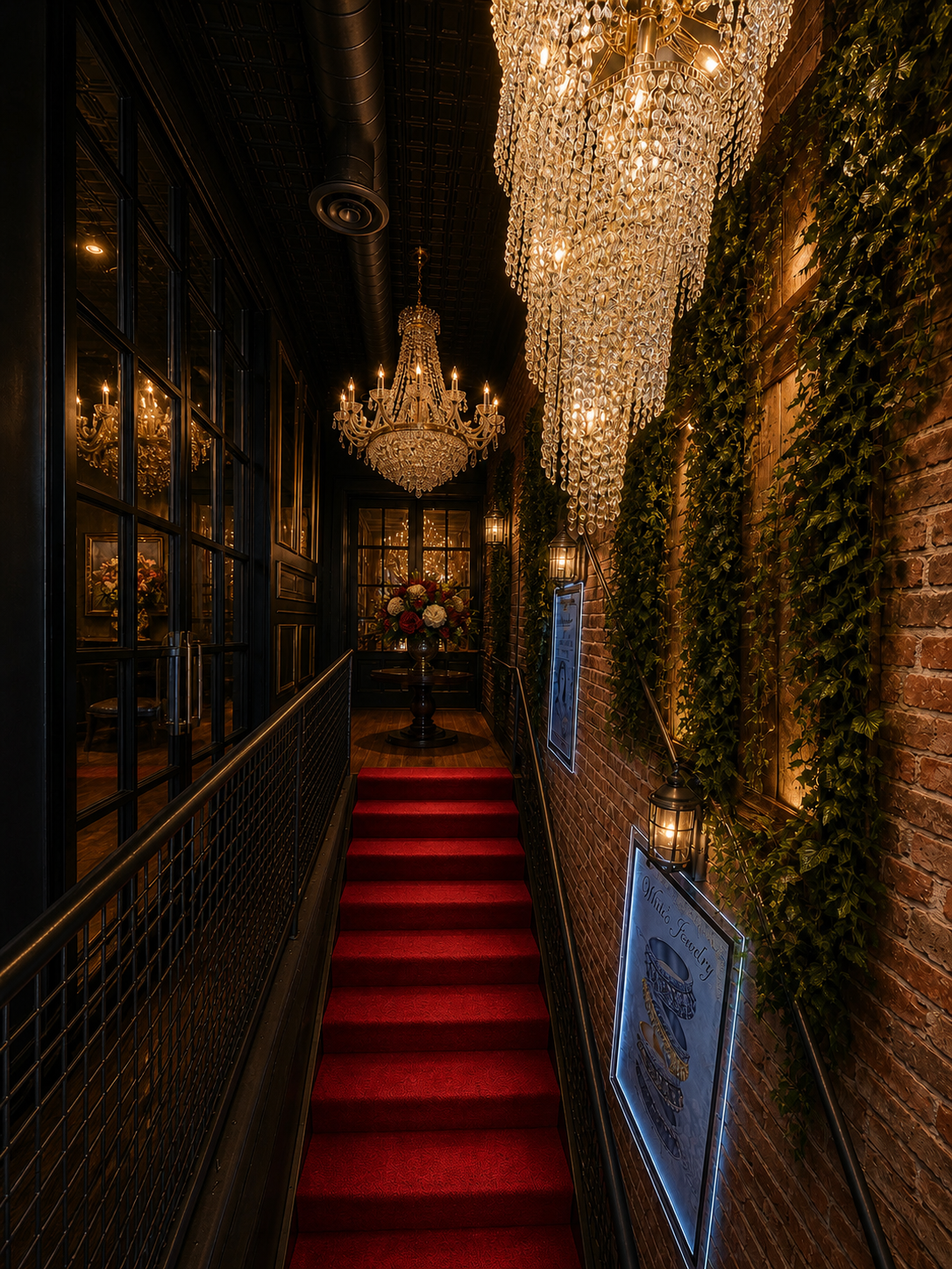 Elegant private stairway with chandeliers at Flytimer Club